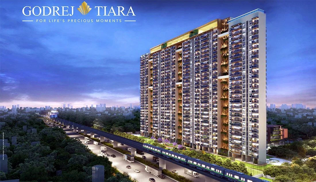 Exterior elevation of Godrej Tiara featuring premium 3 and 4 BHK luxury high-rise apartments in Yeshwanthpur, Bangalore.